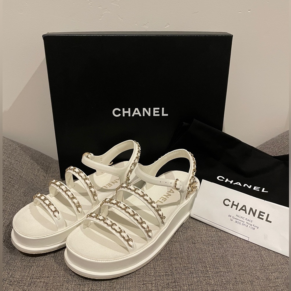 Chanel White Strappy Sandals with Gold Chains, Size 36
